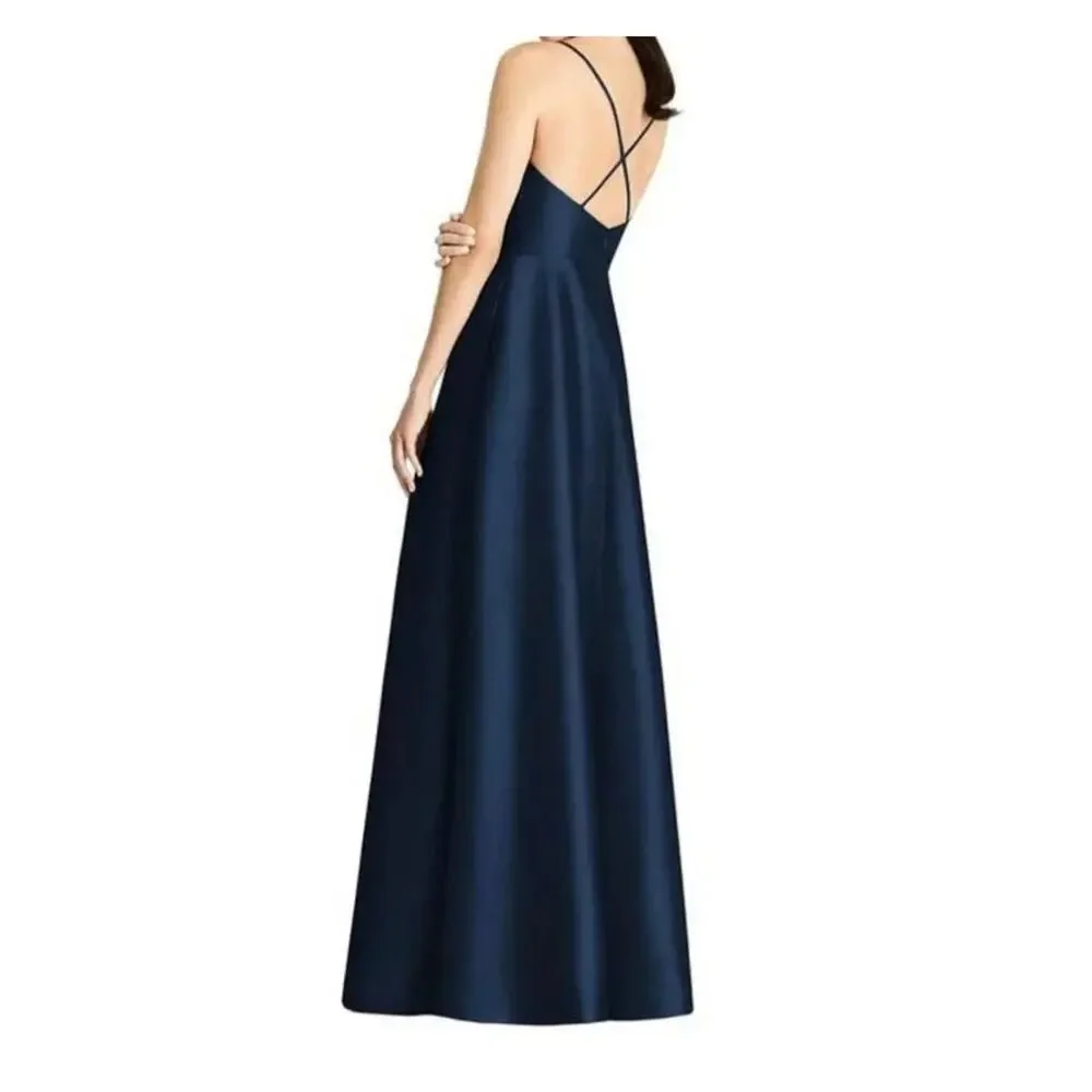 NWT Alfred Sung D750 V-Neck Full Skirt Satin Maxi Dress Midnight Blue 8 - Picture 2 of 10